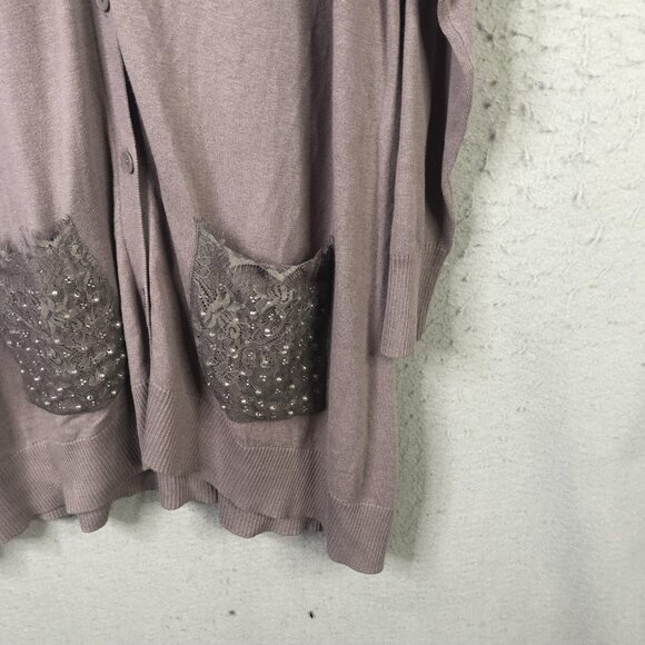 LOGO Lavish Cardigan Sweater Womens XL Taupe Longline Embellished Lace Pockets - Picture 8 of 16